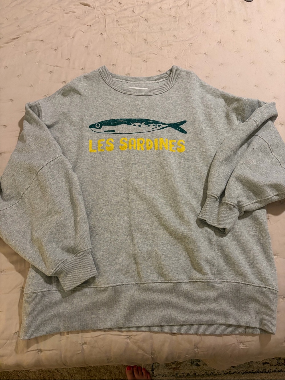 aerie oversized Grey Crewneck Sweatshirt with Teal Fish and Yellow Text
